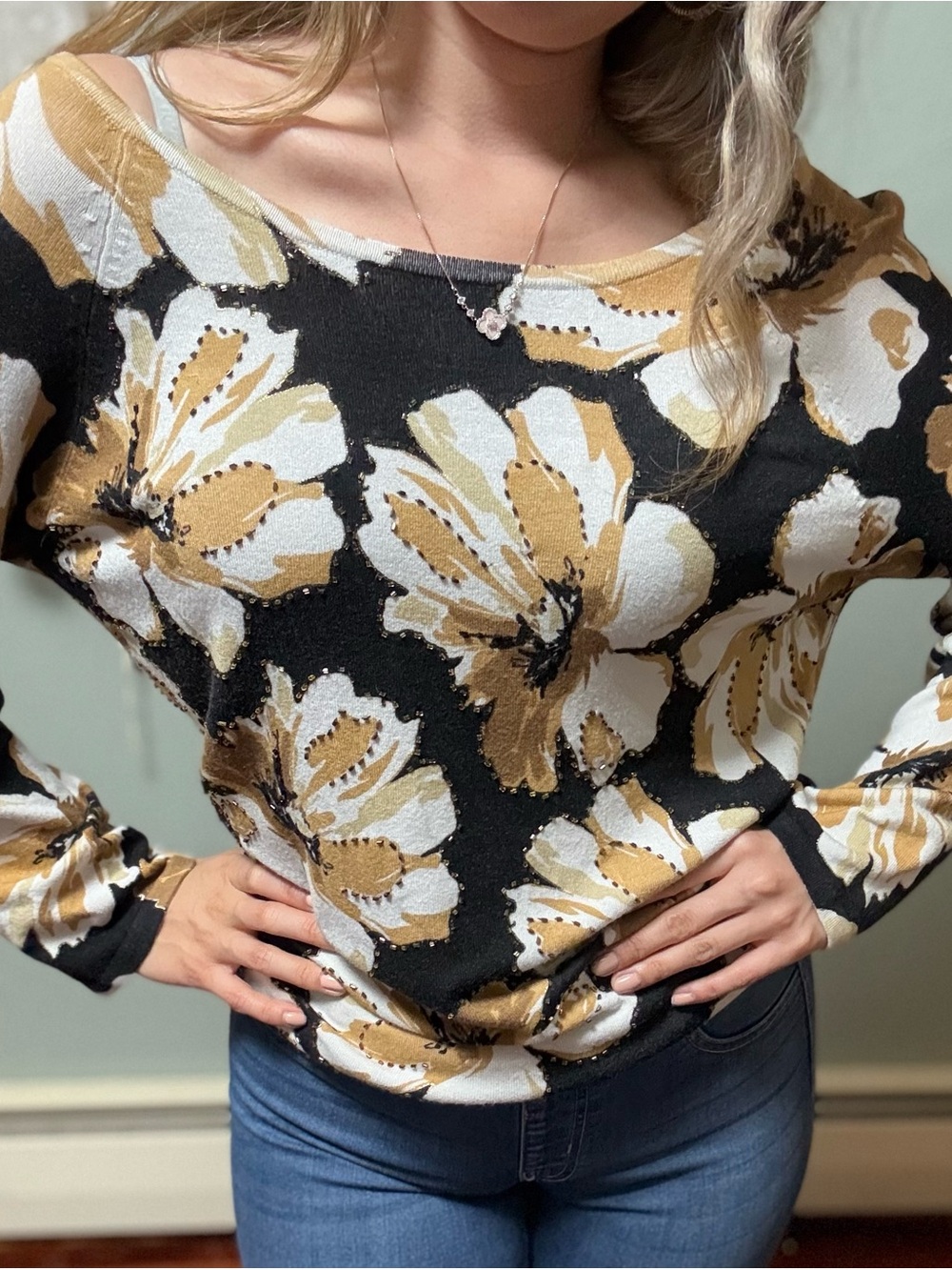 CACHÉ Black Floral Boatneck beaded Sweater with gold & Cream Blooms